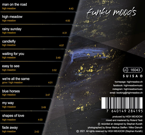 CD-Cover für das Album funky moods von HIGH MEAODW, der Band mit Blues, Bluesrock, Rock und Funk aus dem Sarganserland. Entwicklung des doppelseitigen Booklets der Compact Disk (Album) durch Stephan Kurath aus Sargans