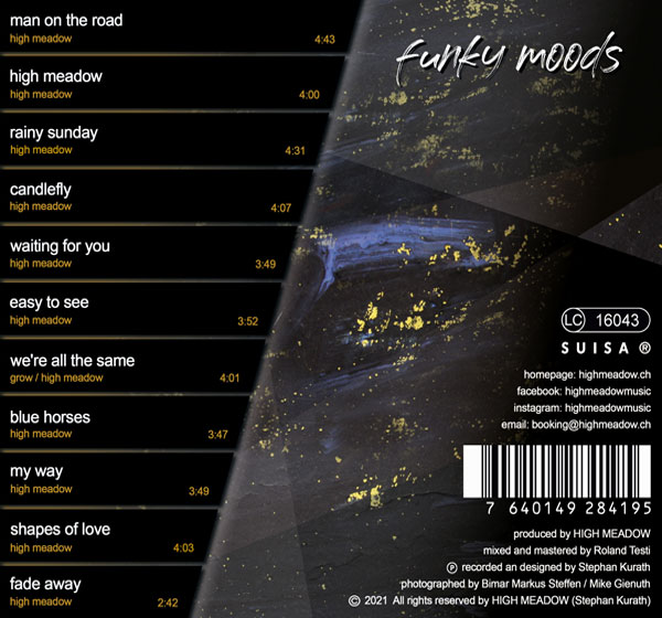 CD-Cover für das Album funky moods von HIGH MEAODW, der Band mit Blues, Bluesrock, Rock und Funk aus dem Sarganserland. Entwicklung des doppelseitigen Booklets der Compact Disk (Album) durch Stephan Kurath aus Sargans